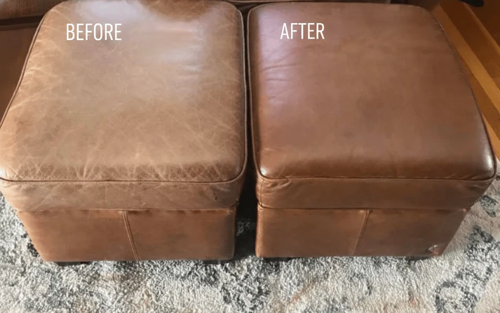Before and after leather chair restoration with Oak & Amber